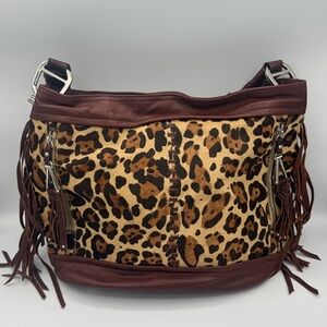 b. makowsky Calf Hair Leopard Print Leather Satchel Tote with Fringe Tassels